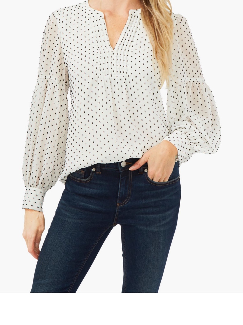 Cece White Polka Dot Pintuck V-Neck Blouse